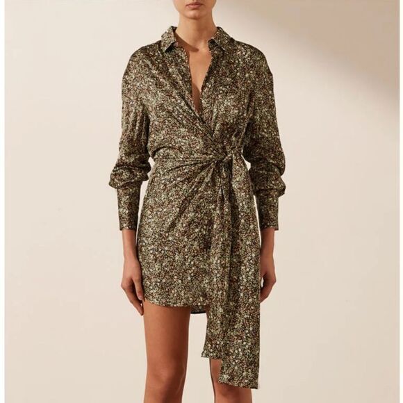 NWT SHONA JOY AVRIEL TIE FRONT SHIRT MINI DRESS IN CHOC Size 8 - Picture 9 of 16